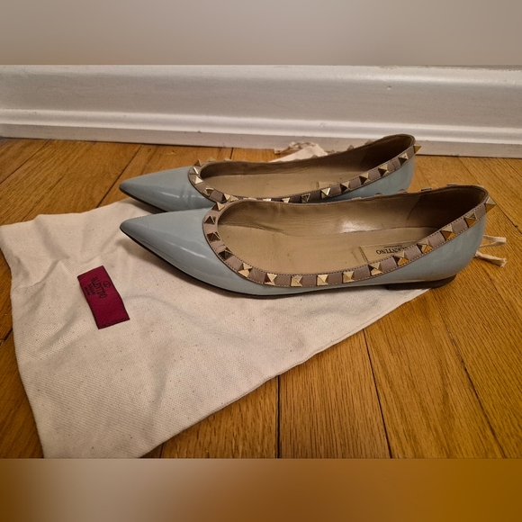 Valentino Shoes - Valentino Rockstud Light Blue Patent Pointed Toe Flats